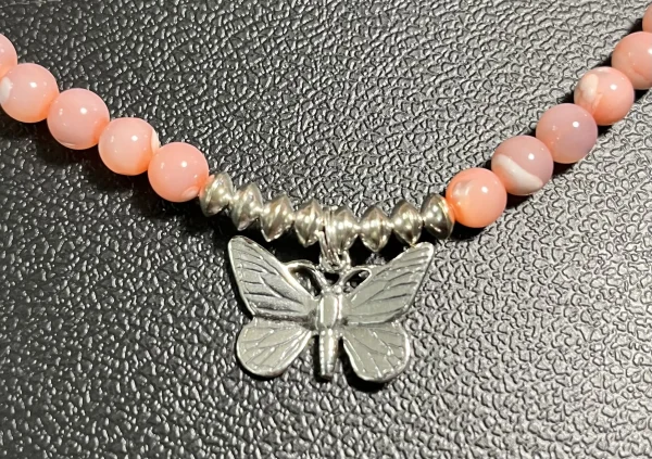 Pink Mother of Pearl Necklace accented with SS Butterfly and SS Saucers