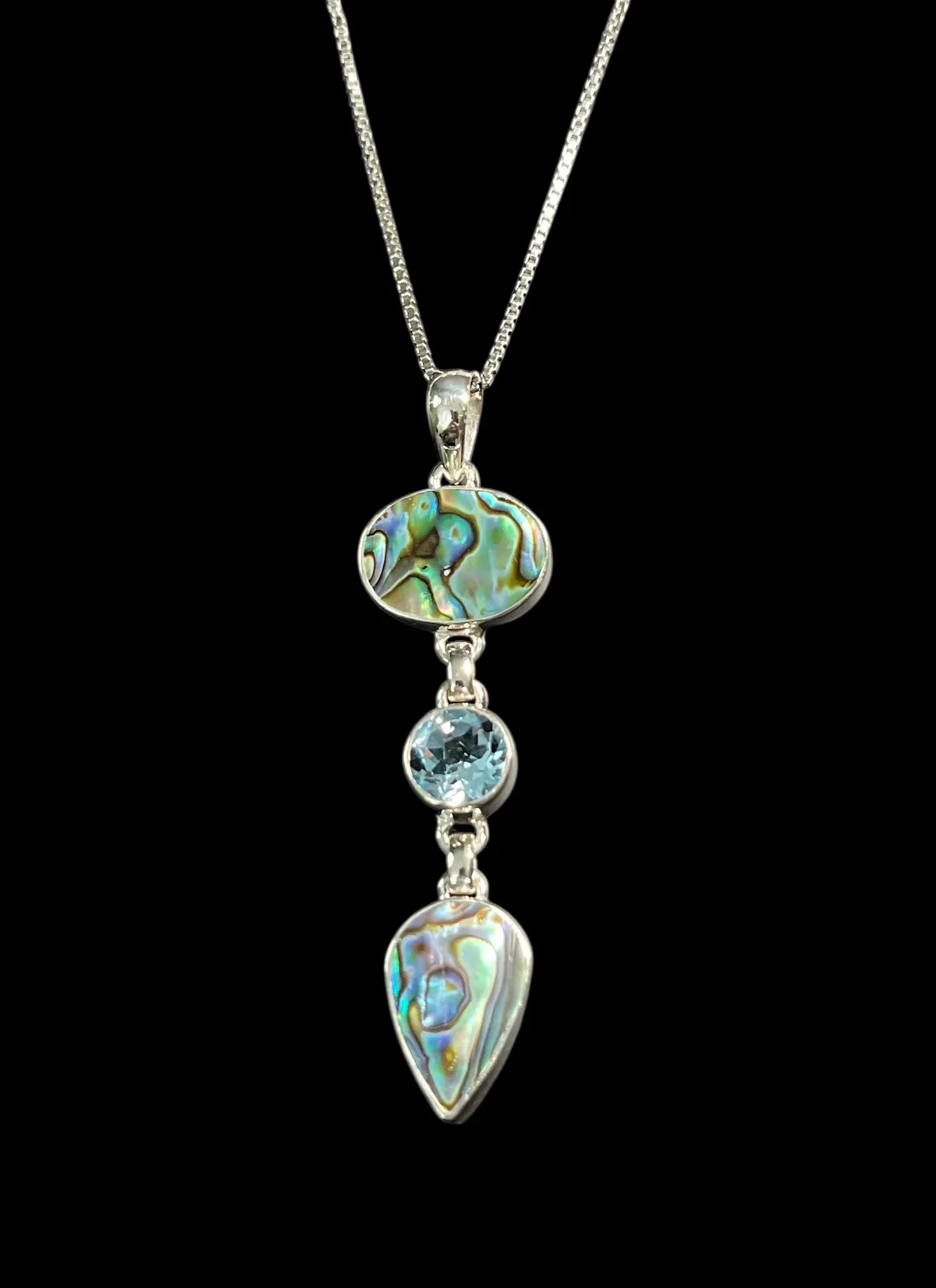 Abalone Shell and Blue Topaz Pendant with 18″ SS Chain.
