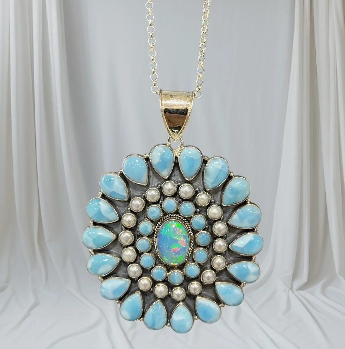 SS High Quality Larimar, Pearl, and Ethiopian Opal Statement Necklace