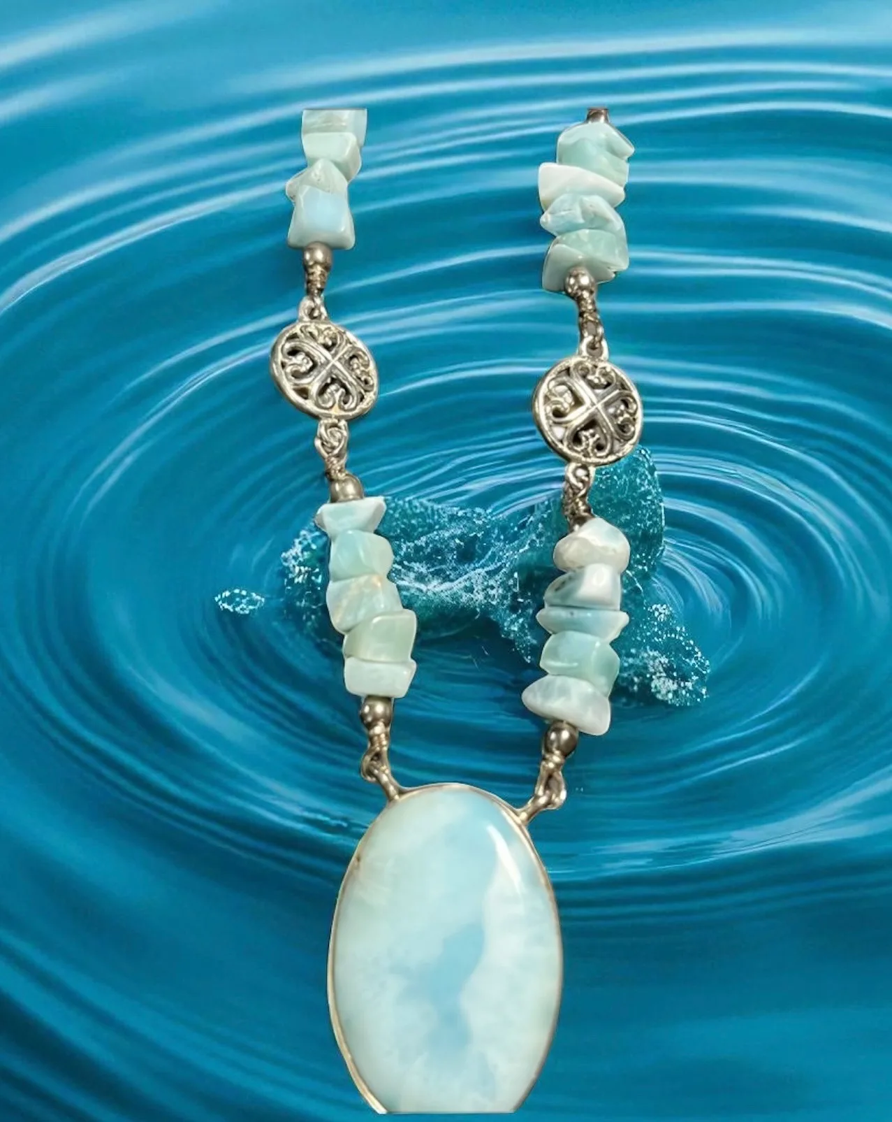 SS Larimar Pedant accented with Larimar Chips and Fancy Sterling Silver.