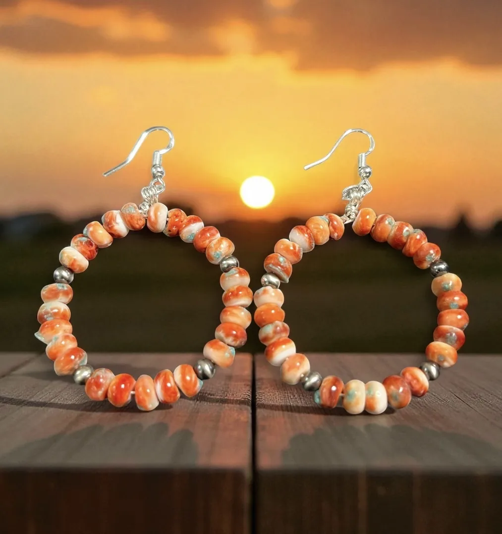 Custom 2″ Dangle Spiney Turquoise Hoop Earrings accented with SS Pearls