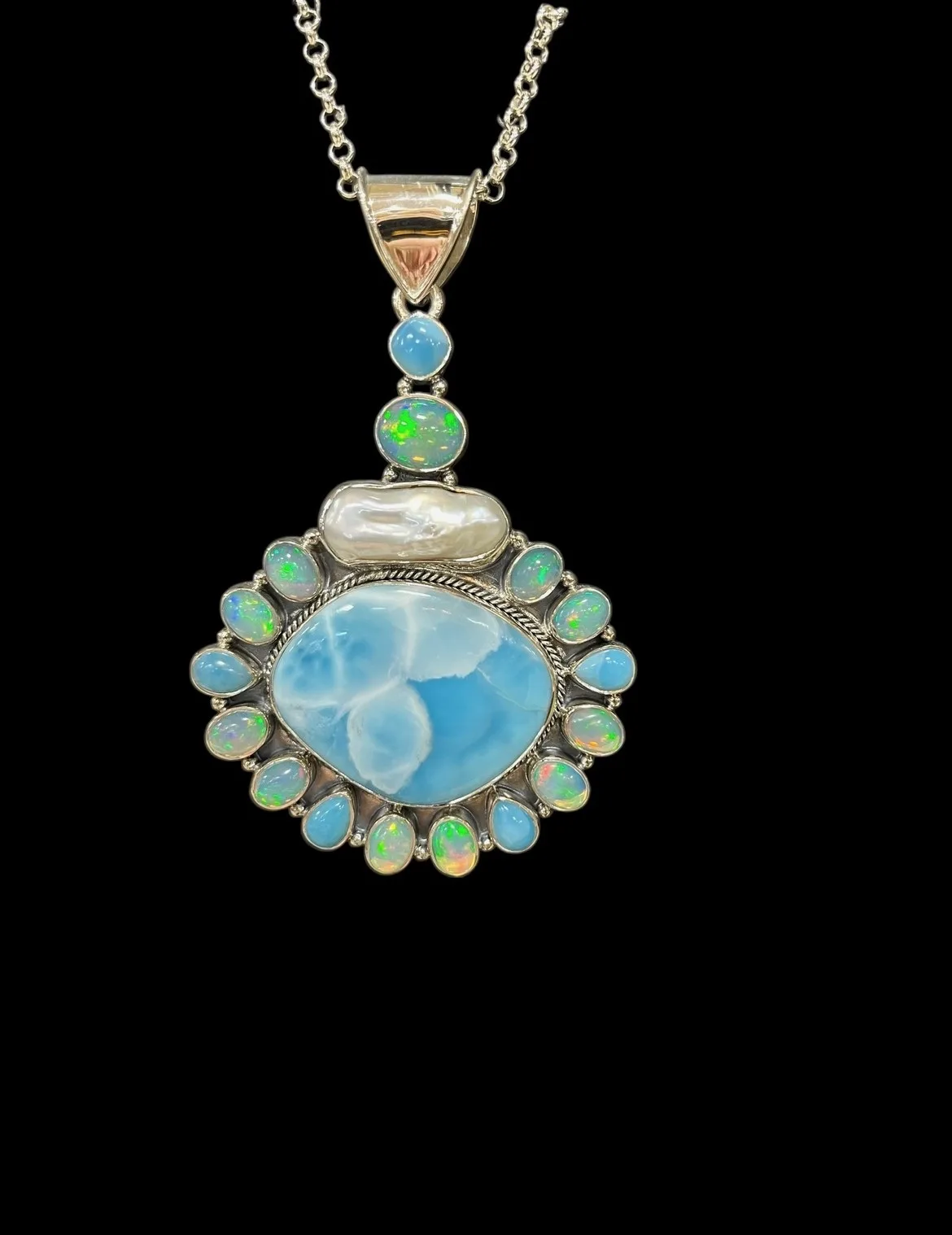 SS High Quality Larimar and Pearl Statement Necklace Accented with Beautiful Ethiopian Opal
