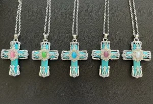 Faux Turquoise Cross Necklace. Silver Plated 18″ Chain with 2″ extender