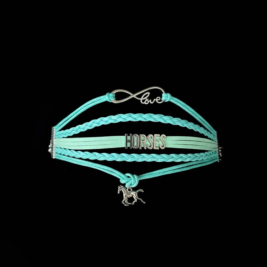Polyurethane Braided Snap Bracelet Accented with Silver Plated “Horses & Love”.