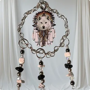 Silver Plated Acrylic Wolf 2″ Wire Wrapped Hoop Pendant
